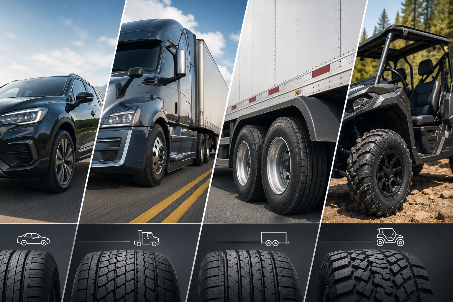 A collage of four vehicles: a black SUV, a semi-truck, a box truck, and a utility vehicle, with close-up images of different tires below each vehicle.