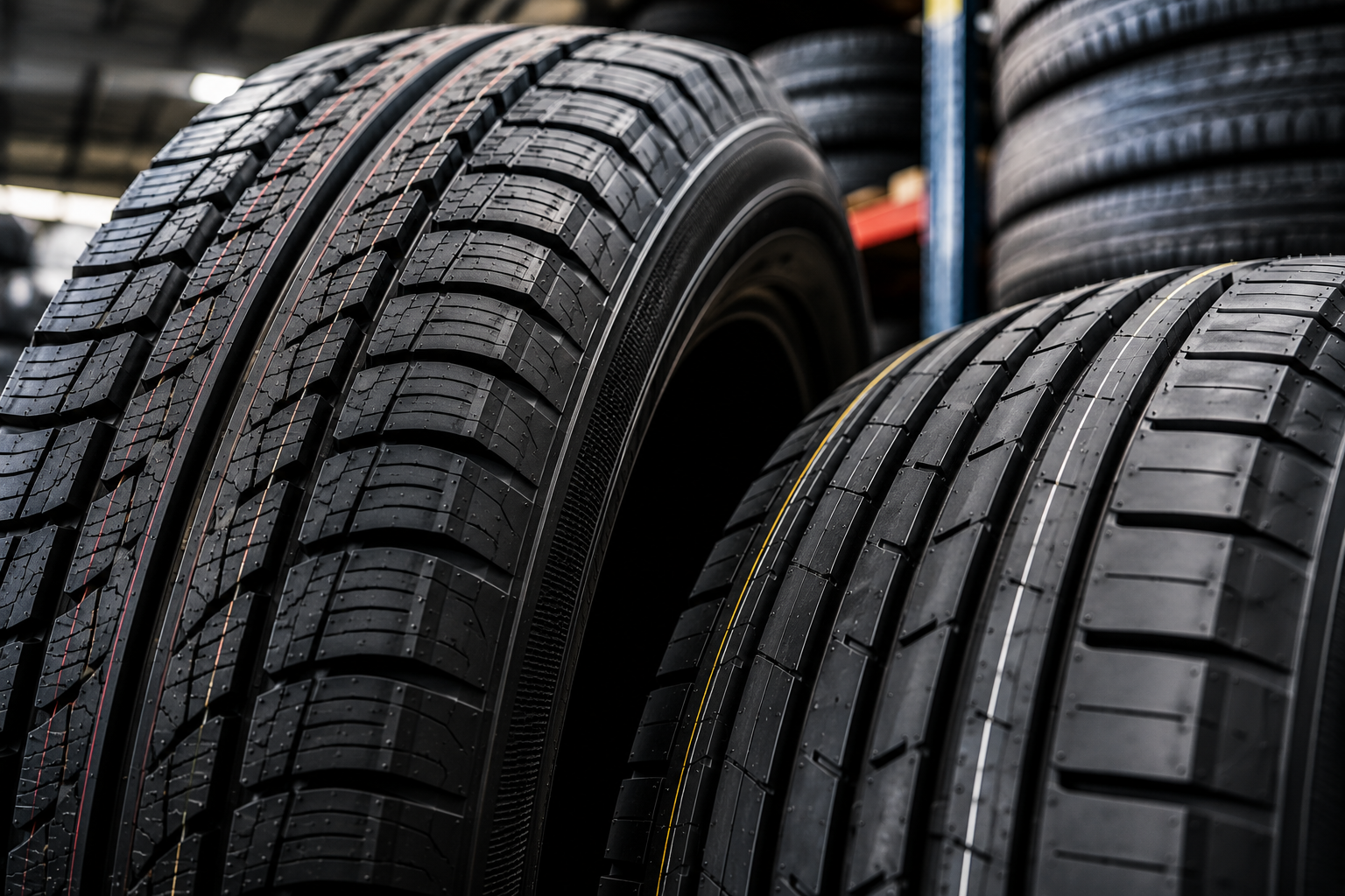 Close-up of two black tires with detailed tread patterns, stacked on display in a storage or tire shop.