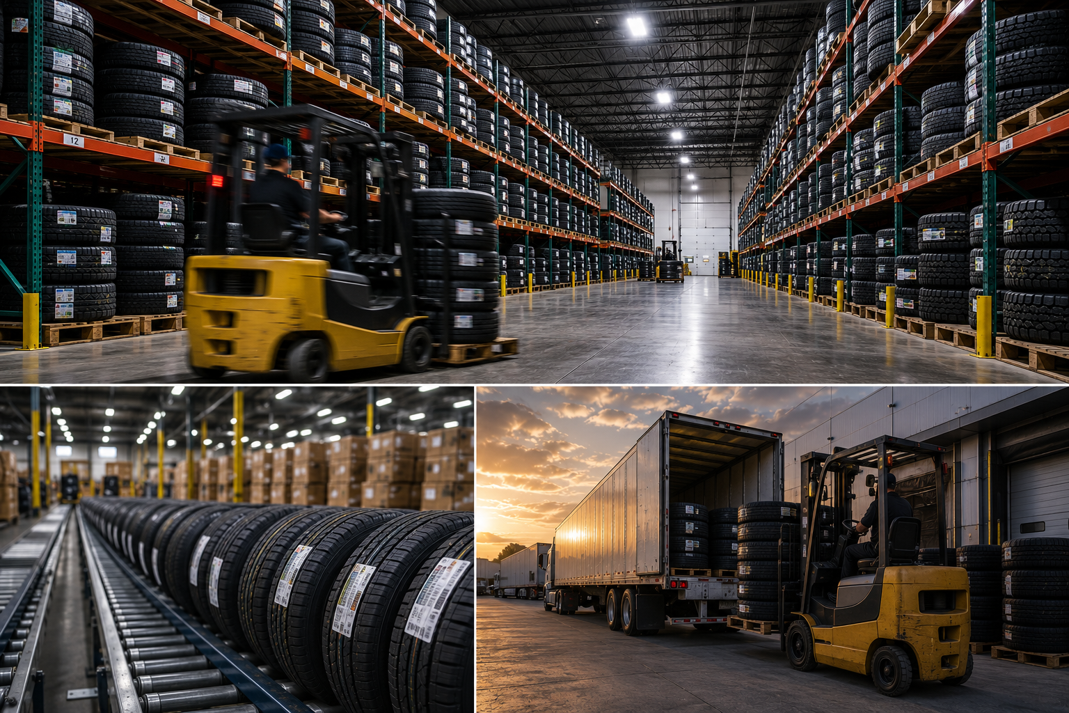 Warehouse with shelves of tires, forklifts moving tires, and a truck being loaded with tires at sunset.