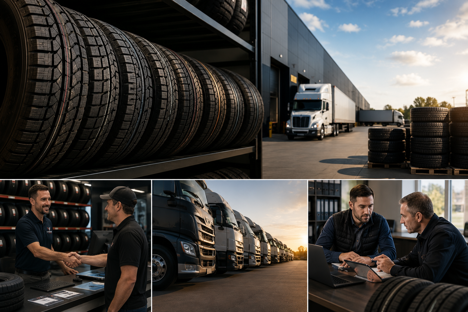 Collage of images showing a tire warehouse with stacks of tires, trucks parked outdoors at sunset, two men exchanging a handshake at a counter in the tire store, and two men discussing work at a laptop in an office.