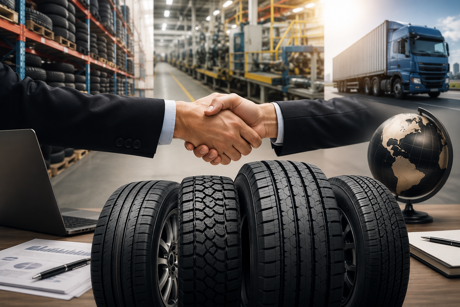 Two businesspeople in suits shaking hands over tires, with a warehouse of tires, a truck on a highway, and a globe in the background.