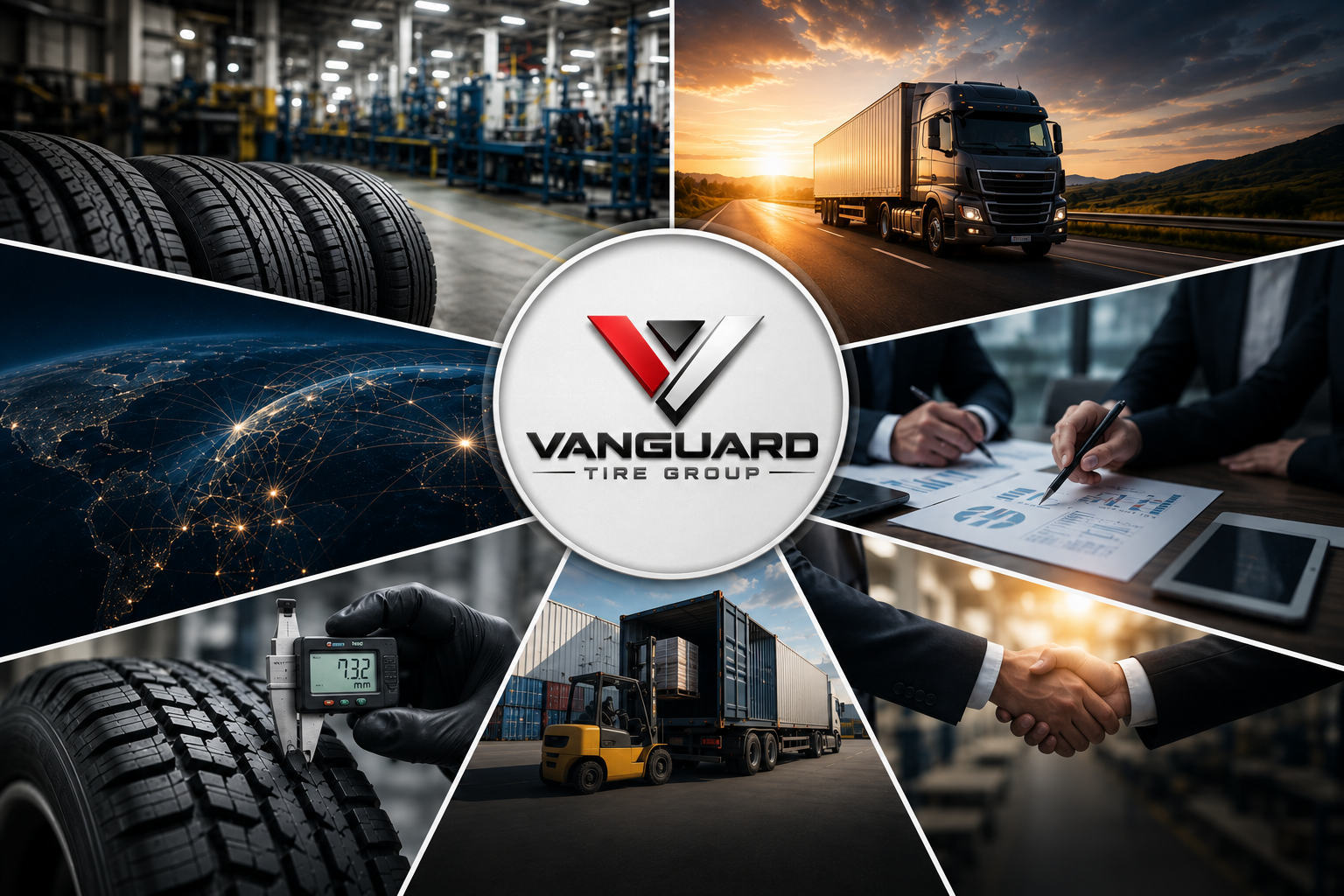 Collage of tire manufacturing, truck on highway at sunset, global network map, tire measurement with digital gauge, container truck, handshake handshake, and business meeting, centered with Vanguard Tire Group logo.
