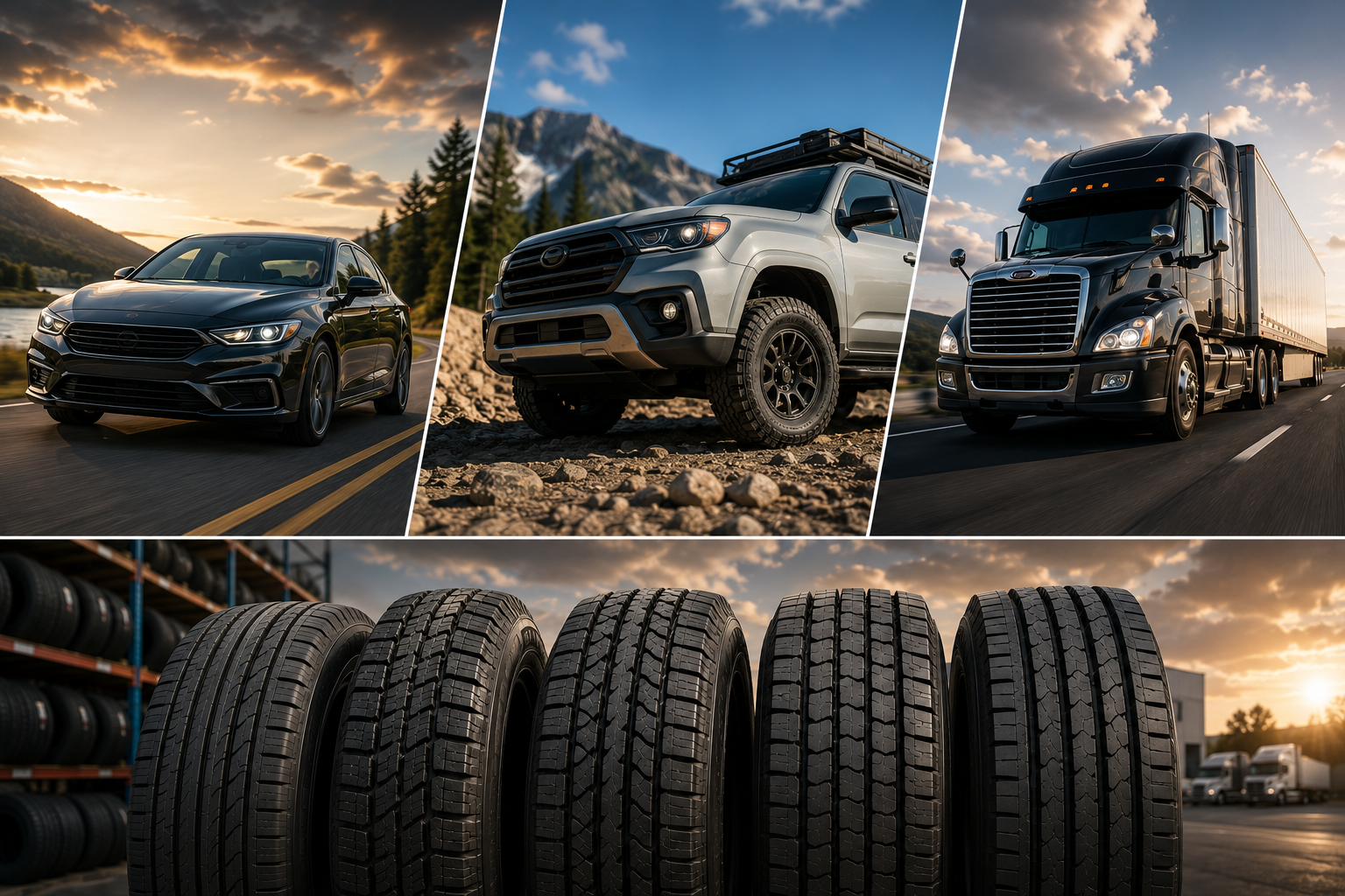 A collage featuring a black car, a gray off-road SUV, and a black semi-truck on roads or rugged terrain, with a row of tires in a warehouse.