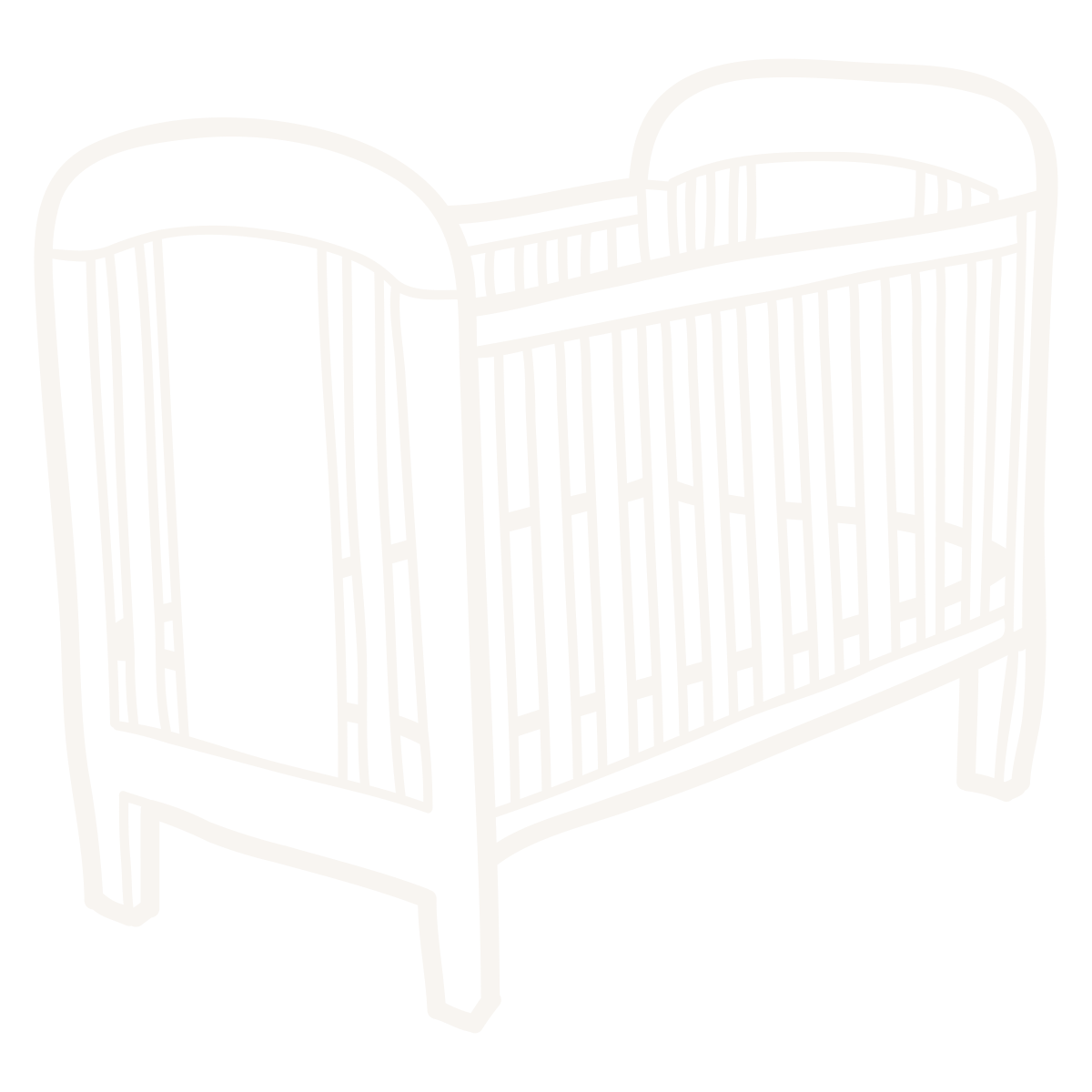 Outline drawing of a baby crib with side rails and a curved headboard on a black background.