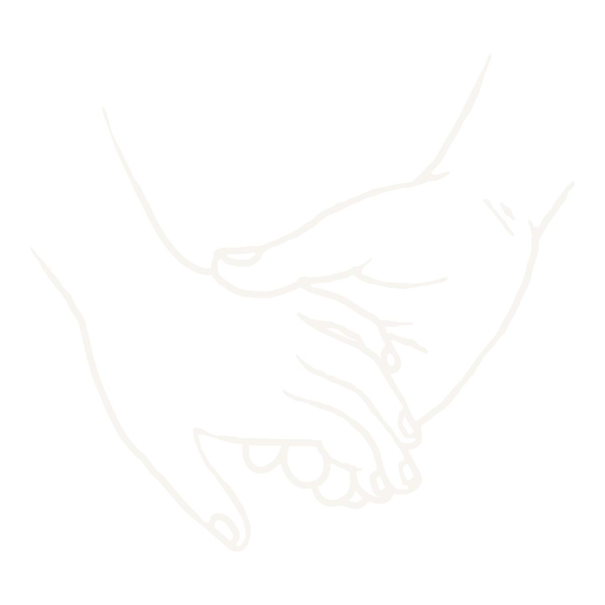 Outline drawing of two hands holding each other, one hand underneath and the other on top, against a black background.