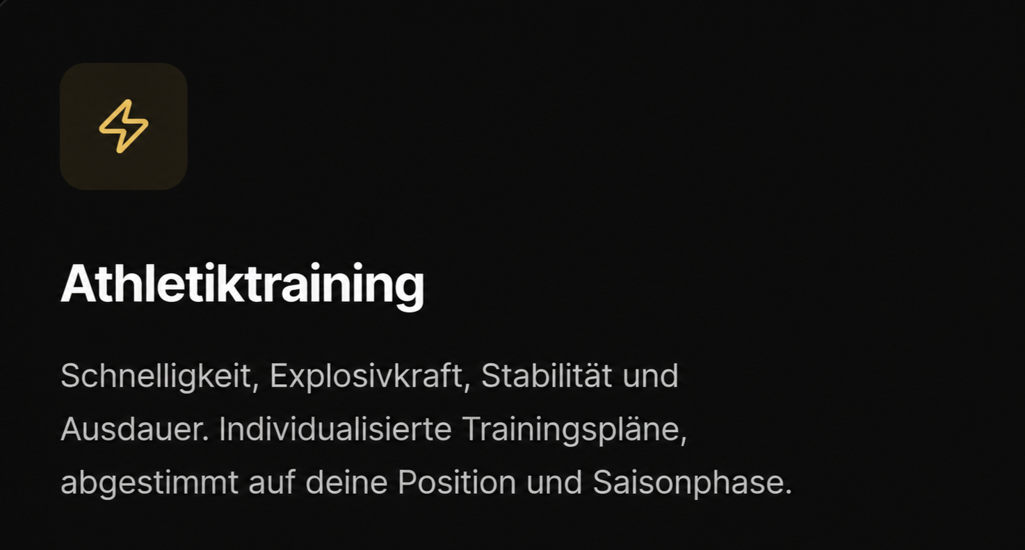 Screenshot eines Fitness-Apps mit dem Titel 'Athletiktraining', das Programme für Geschwindigkeit, Explosivkraft, Stabilität und Ausdauer anbietet, inklusive individueller Trainingspläne.