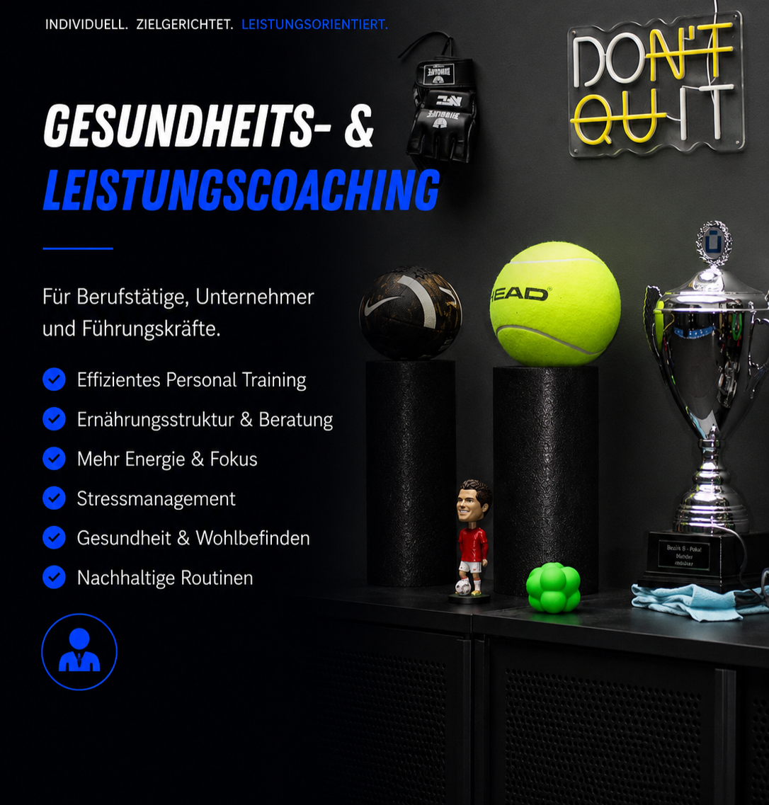 Werbung für Gesundheits- und Leistungcoaching mit Fokus auf Personaltraining, Ernährungsberatung, Energie, Stressmanagement, Wohlbefinden und nachhaltige Routinen. Enthält eine Trophäe, einen Ball, einen Bobblehead, einen Ball und eine Boxhandschuh.