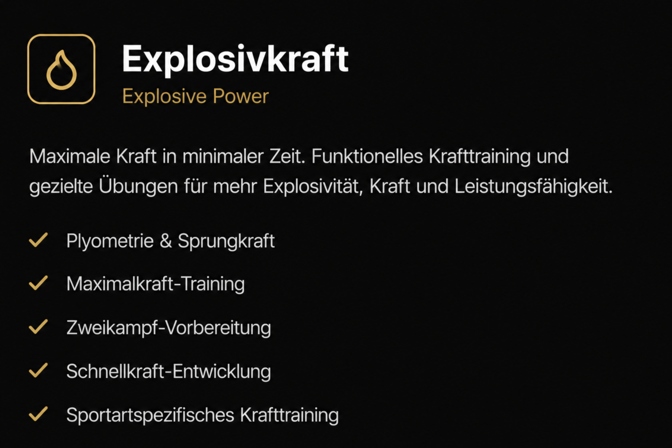 Schwarzer Hintergrund mit goldener Symbolik für Explosivkraft, Text in Deutsch und Englisch, Beschreibung von Krafttraining und Explosivkraftentwicklung.