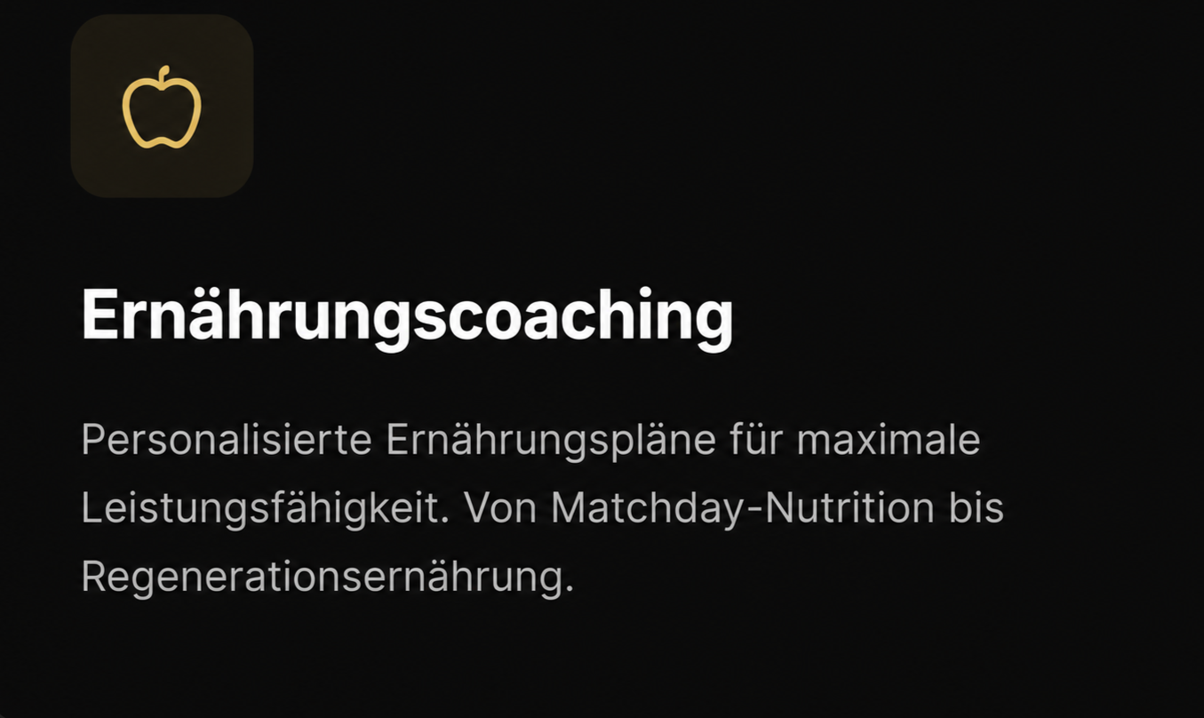 App-Startseite mit dem Titel 'Ernährungscoaching' und einer Beschreibung von personalisierten Ernährungsplänen für optimale Leistung, von Matchday-Nutrition bis Regenerationsernährung.