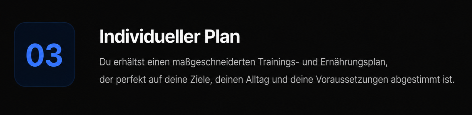Digitales Bildschirm mit dem Text 'Individueller Plan' und Beschreibung eines maßgeschneiderten Trainings- und Ernährungsplans auf Deutsch.