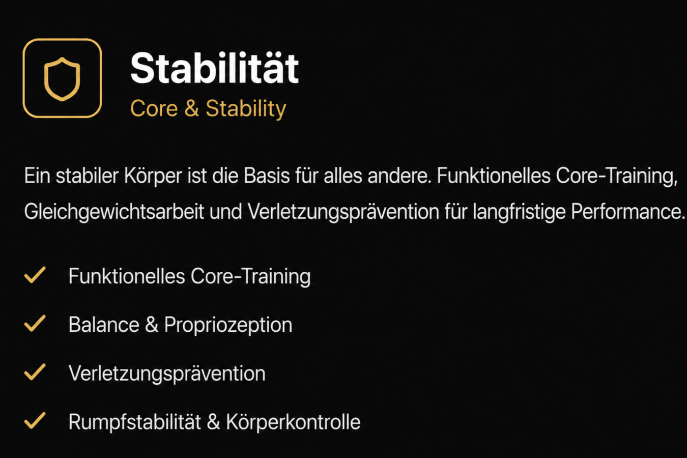 Text über die Bedeutung von Stabilität im Körper mit Bullet Points zu funktionellem Core-Training, Balance, Verletzungsprävention und Rumpstabilität