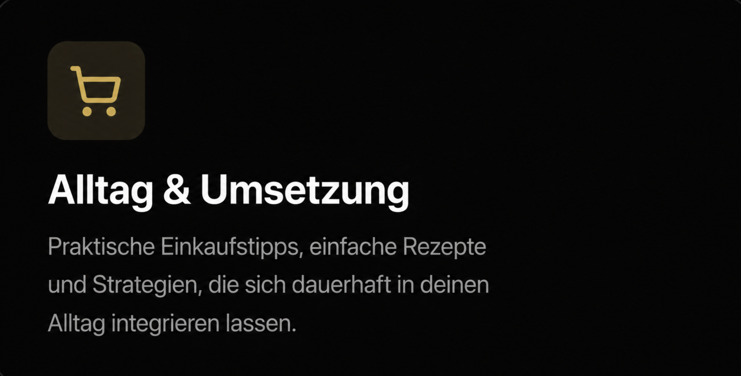 Screenshot einer mobile App mit dem Titel 'Alltag & Umsetzung', Untertitel über praktische Tipps, Rezepte und Strategien für den Alltag.
