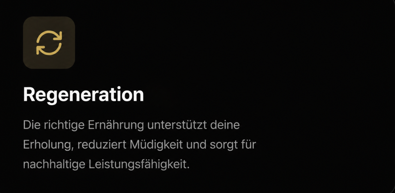 Schwarzer Bildschirm mit Text über Ernährung und Erholung, Überschrift 'Regeneration' in Weiß, darunter Informationen in Deutsch.