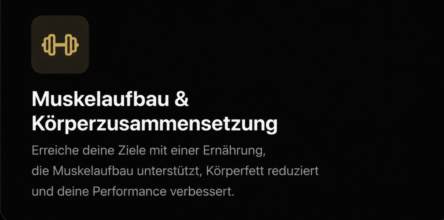 Das Bild zeigt eine App-Übersicht mit einem schwarzen Hintergrund und einem gelben Icon eines Hantelst застосыыыs naunek0l0 cimgser, darunter der Text "Muskelaufbau & Körperzusammensetzung" und eine Beschreibung auf Deutsch.