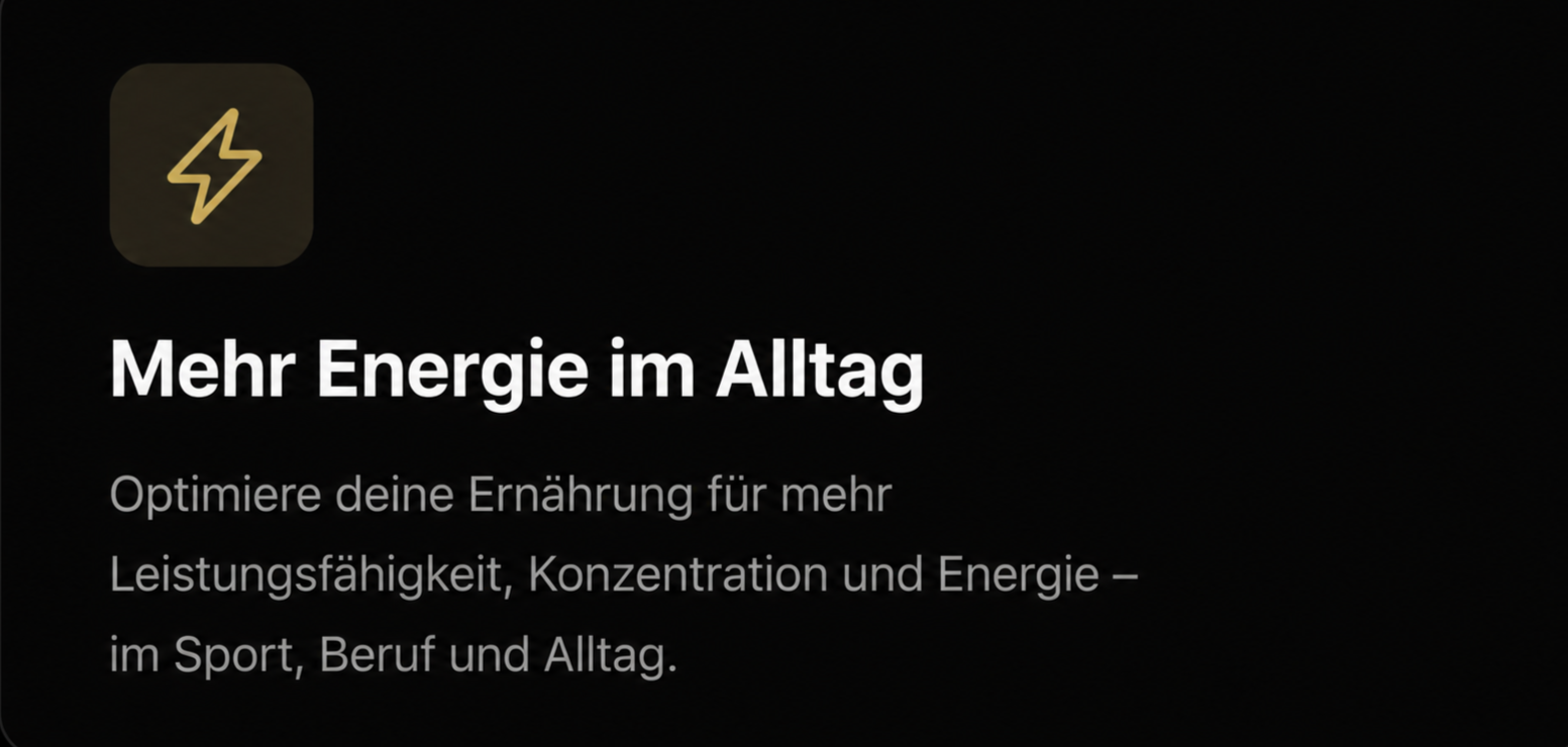 Screenshot einer App mit einem gelben Blitz-Icon und dem Text "Mehr Energie im Alltag" sowie einer Beschreibung, die zu einer optimierten Ernährung für mehr Leistungsfähigkeit, Konzentration und Energie im Sport, Beruf und Alltag auffordert.