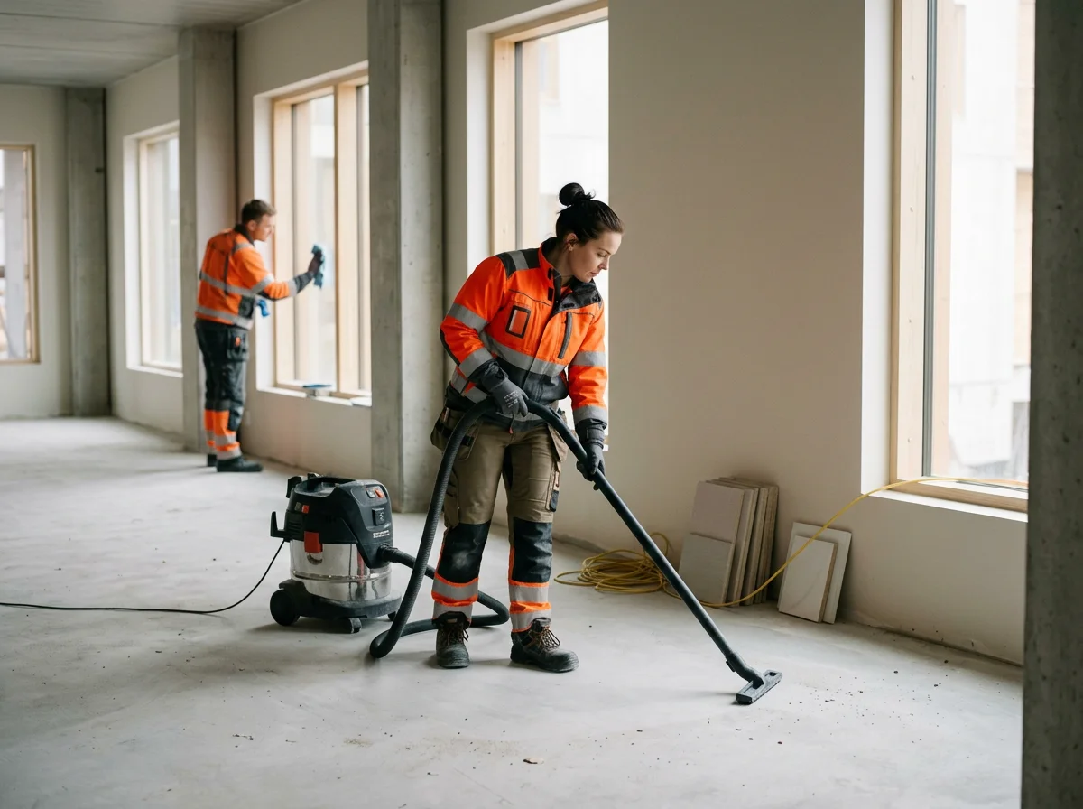 Kaksi rakennustyöntekijää siivoaa ja puhdistaa betonipintaa rakennuksen sisällä, isossa huoneessa, jossa on suuret ikkunat.