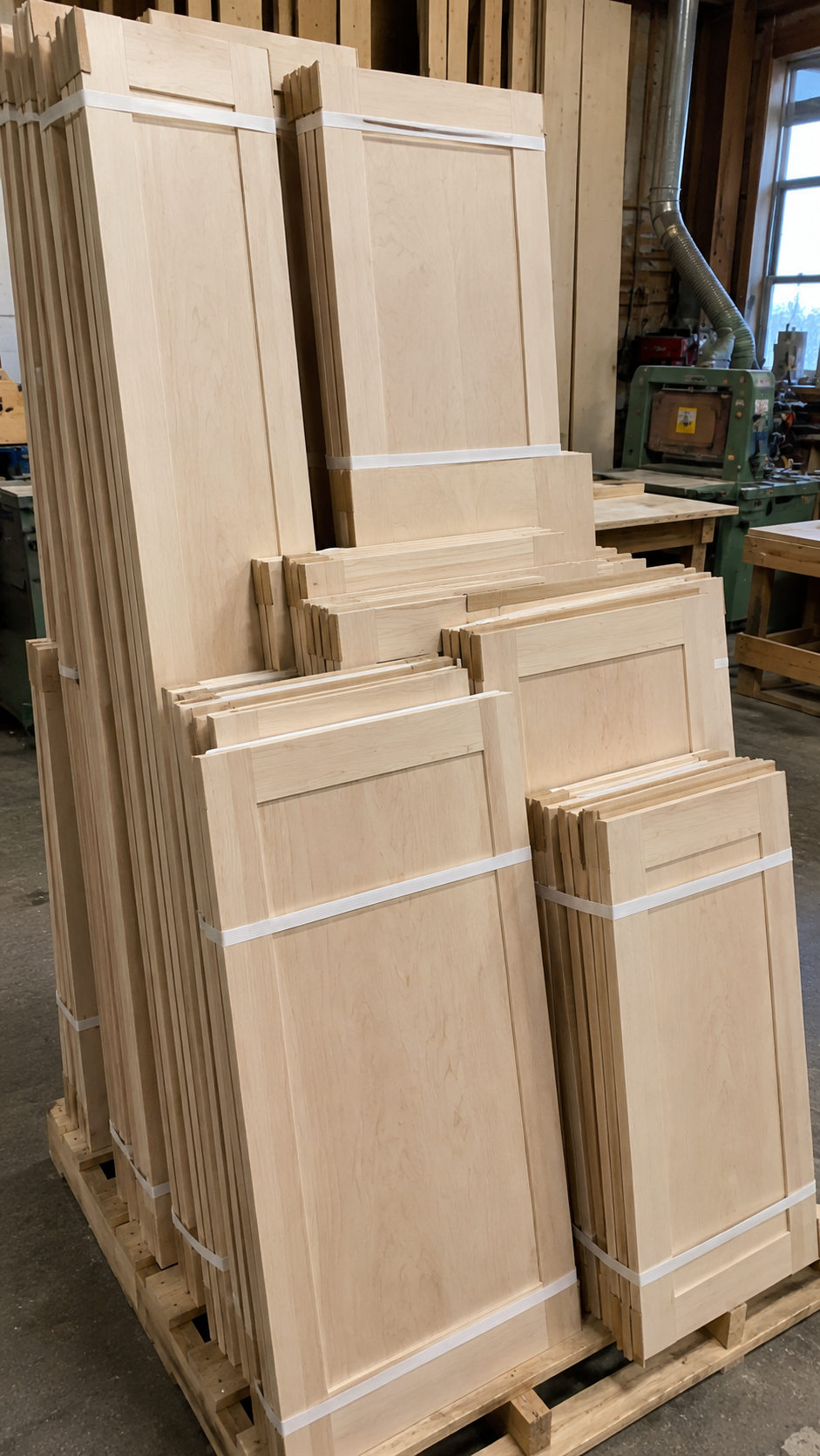Stacked unfinished wooden cabinet or door panels in a woodworking shop.