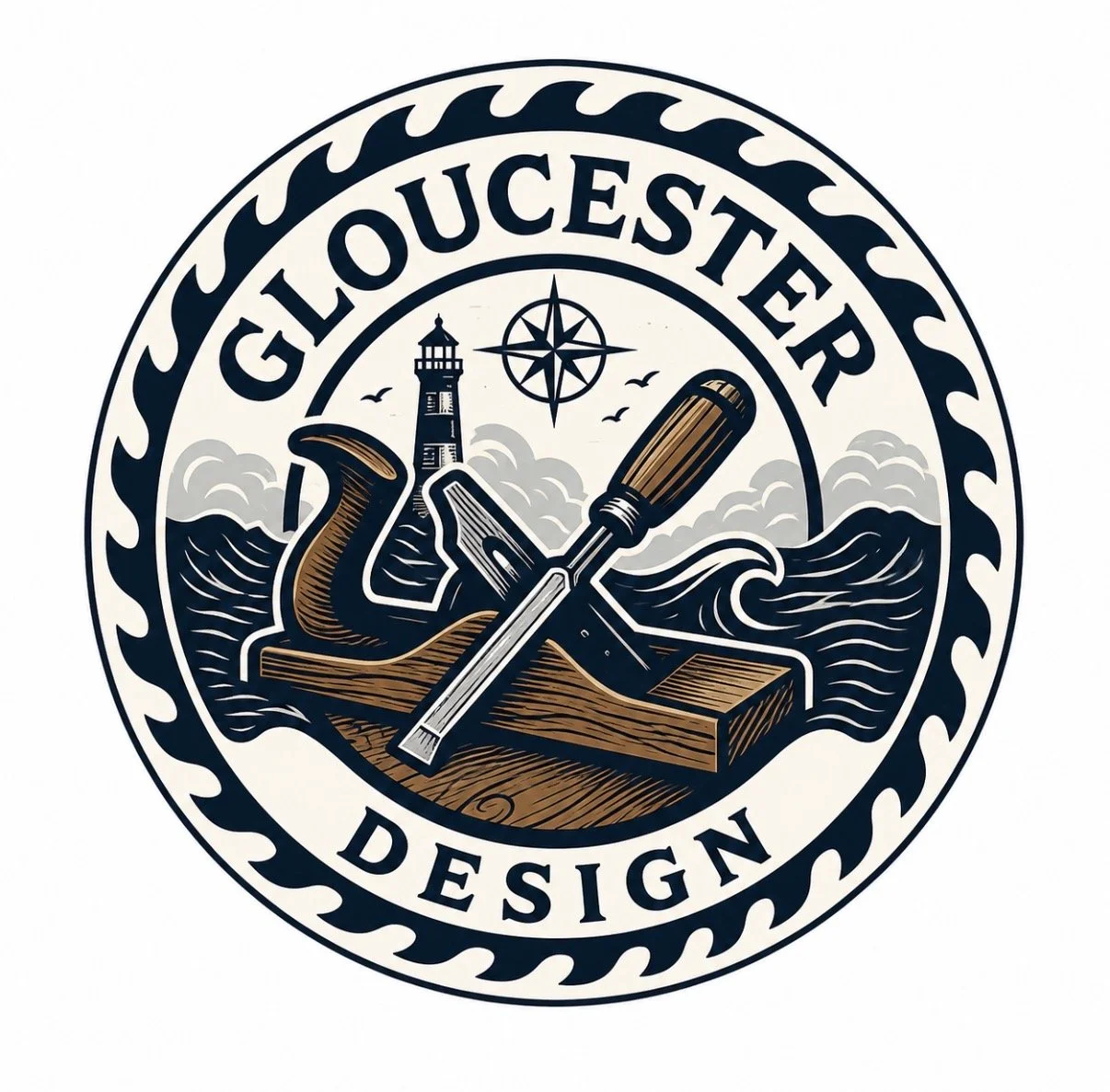 Logo of Gloucester Maritime Design featuring a lighthouse, a corgi dog, a wrench, screwdriver, and a wood plank, with waves in the background and a compass in the sky.