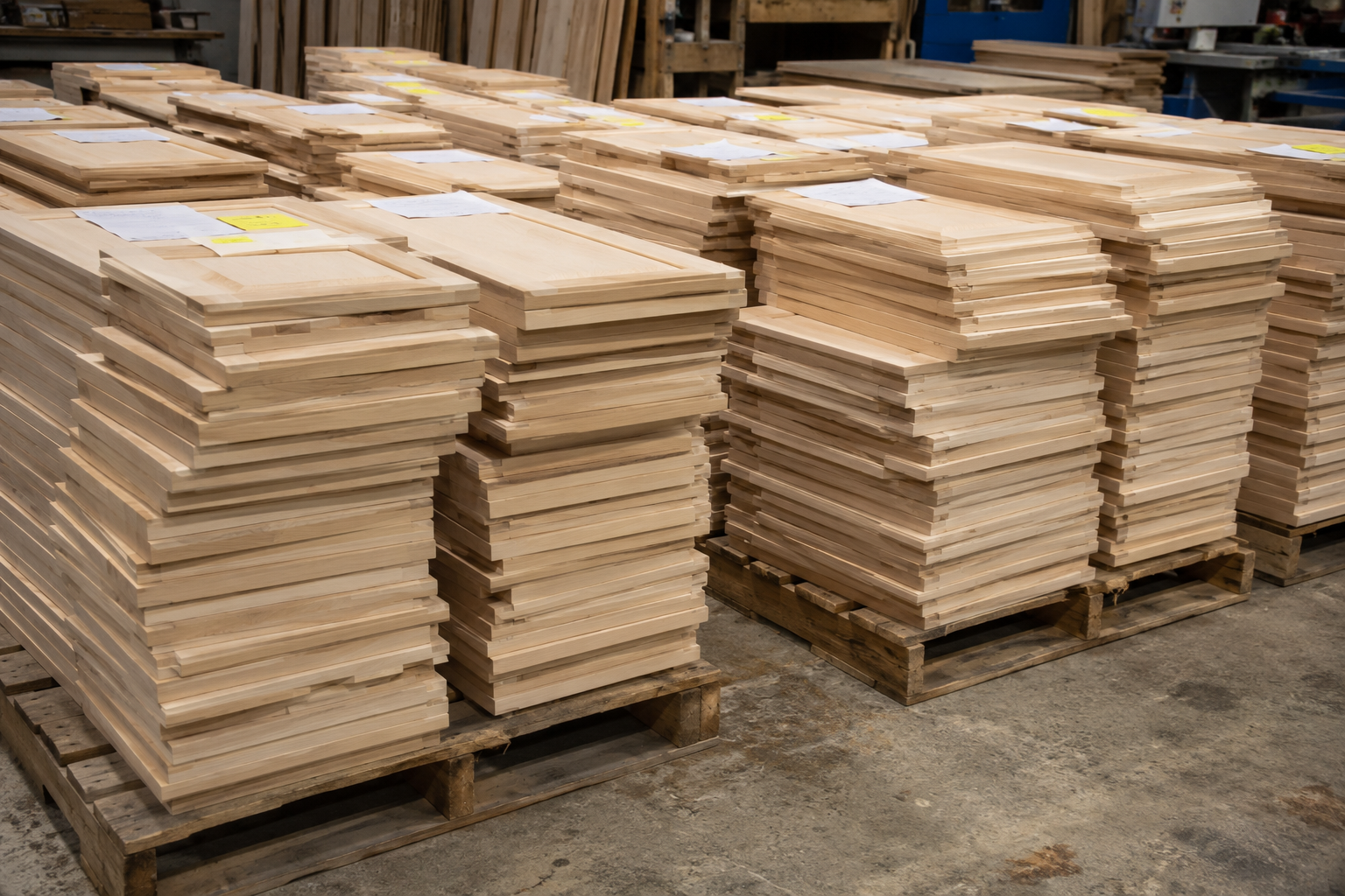 Stacks of wooden packages on pallets in a woodworking or furniture factory.
