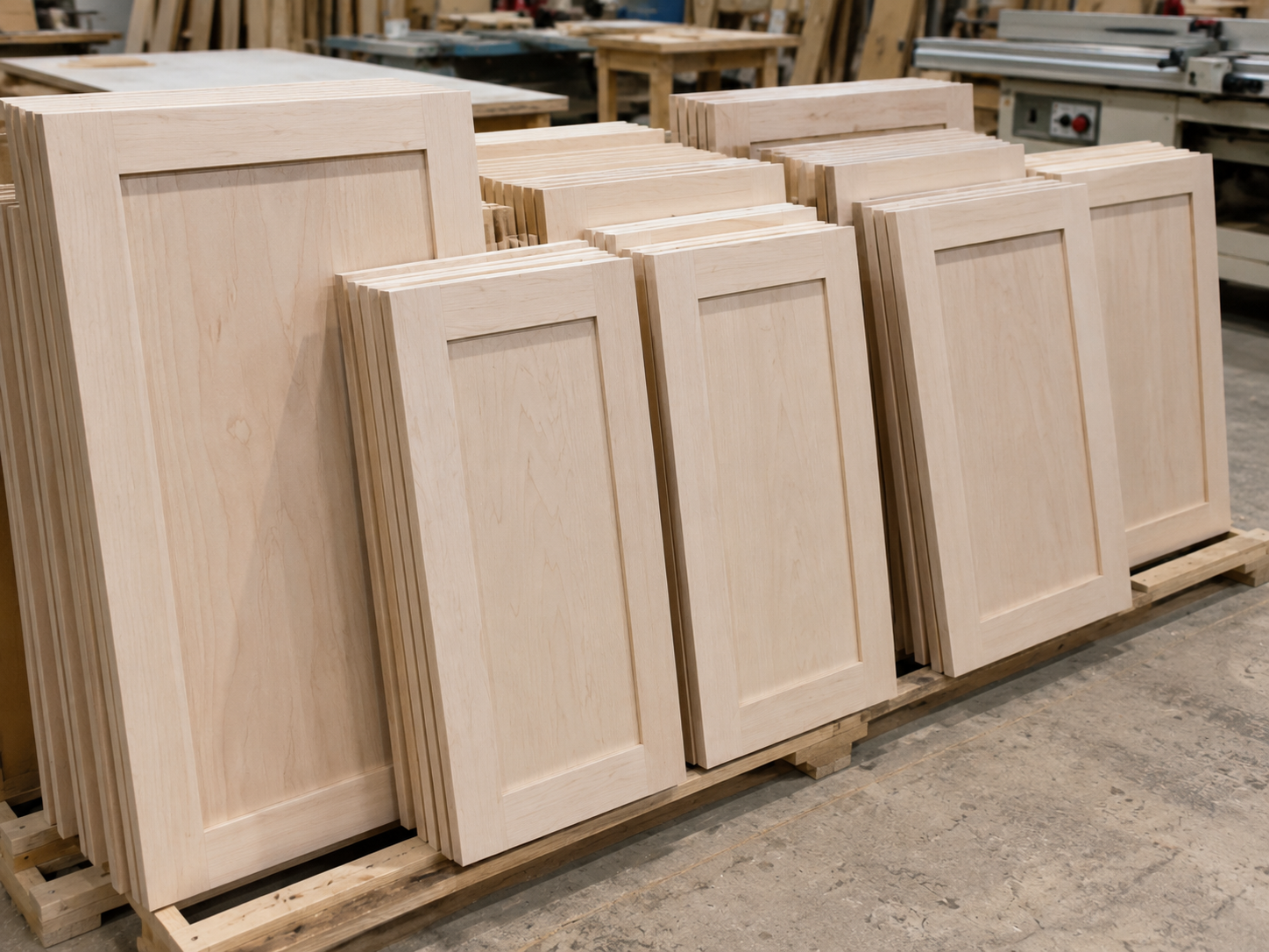 Stacked unfinished wooden cabinet doors in a woodworking shop.