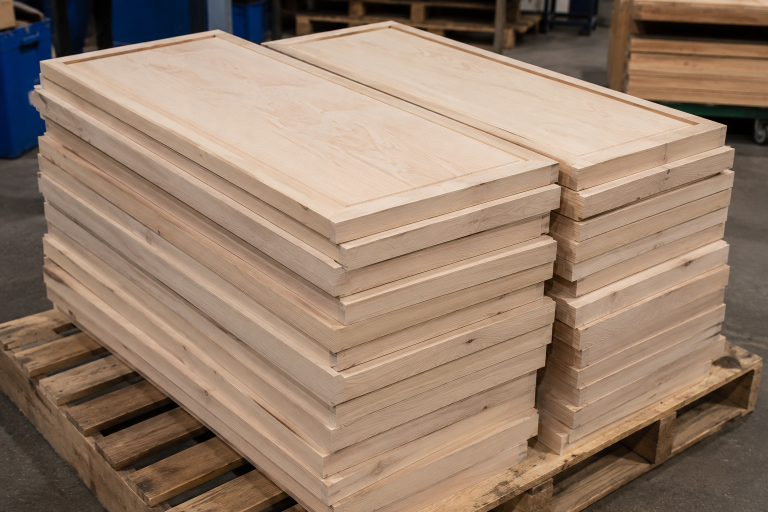 Stacked light-colored wooden cabinet doors on a pallet in a warehouse.