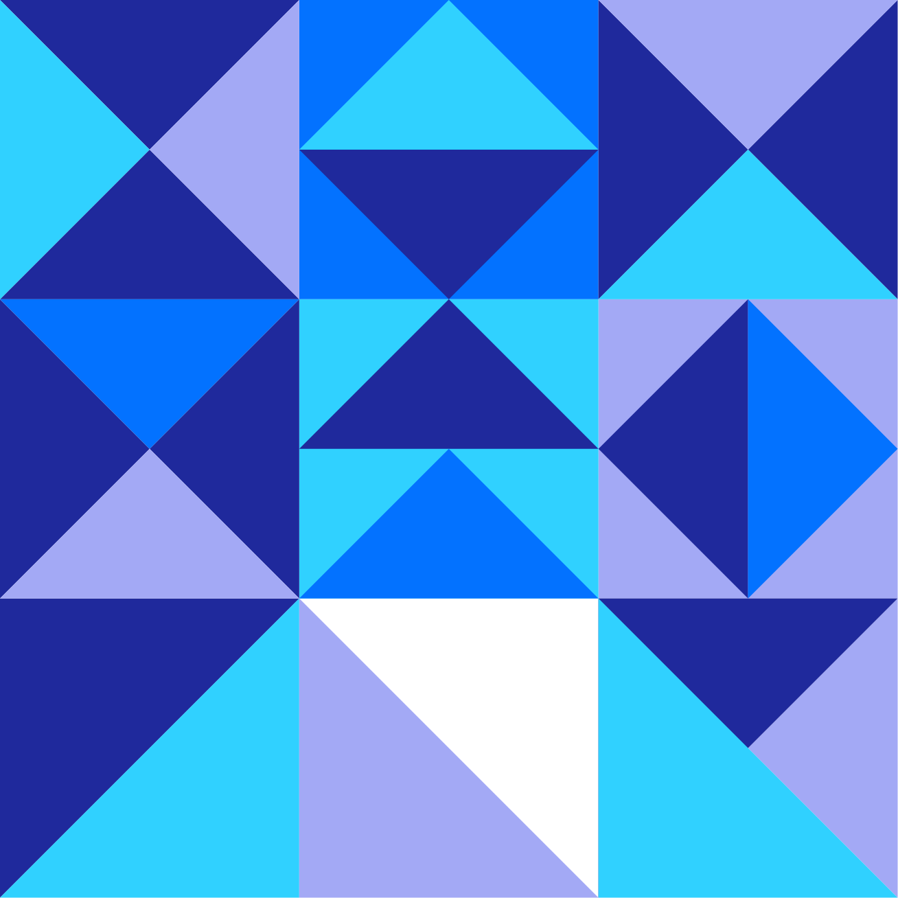 A geometric abstract pattern composed of triangles and squares in various shades of blue and purple.