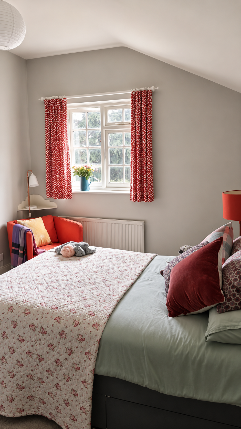 A cozy bedroom with a large bed covered in white and pink floral quilt, red and patterned pillows, and a velvet red pillow. A small red armchair with a yellow cushion and purple throw blanket is beside the bed. A window with red patterned curtains an