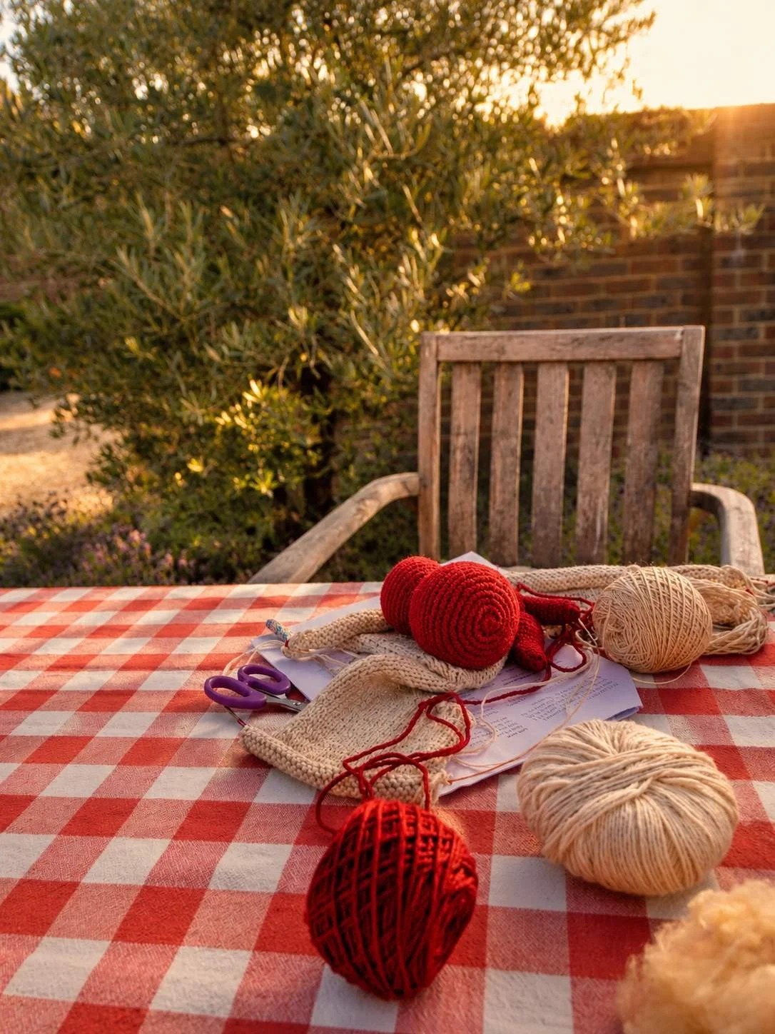 An outdoor table with a red and white checkered tablecloth, yarn balls, knitting needles, and a knitted item, set in a garden during sunset.