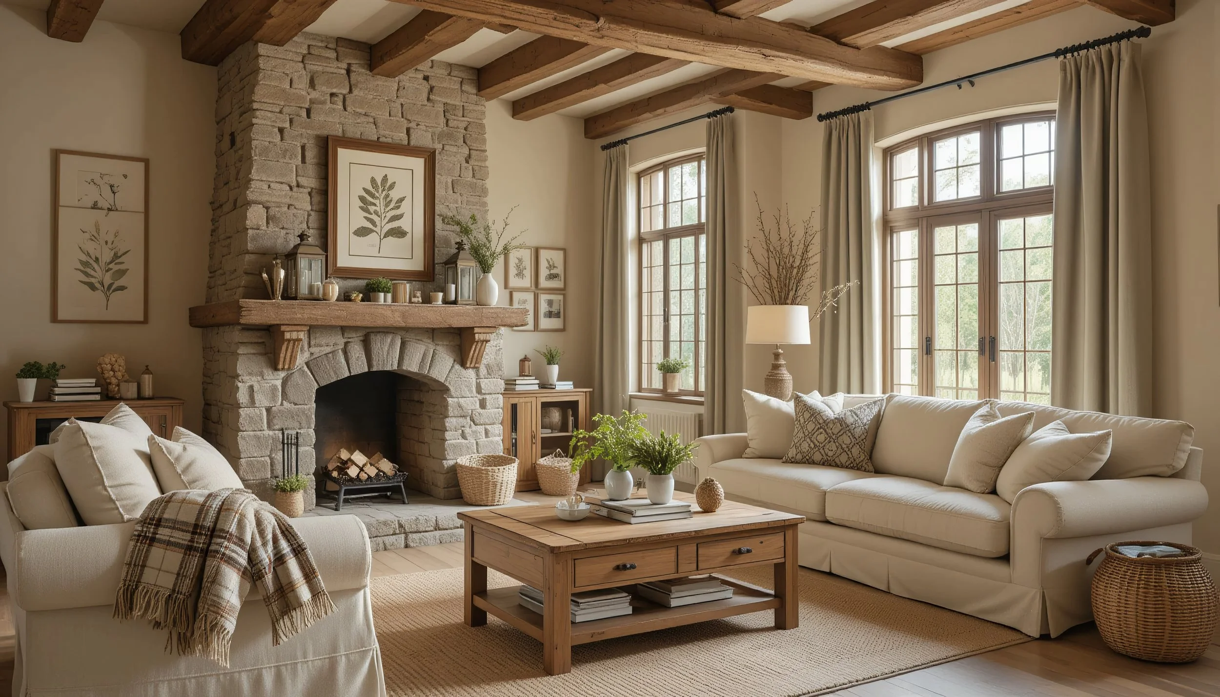 Living room with a stone fireplace, wooden beams on the ceiling, beige curtains, and cozy furniture including a beige sofa and armchair, with decorative plants and artwork.