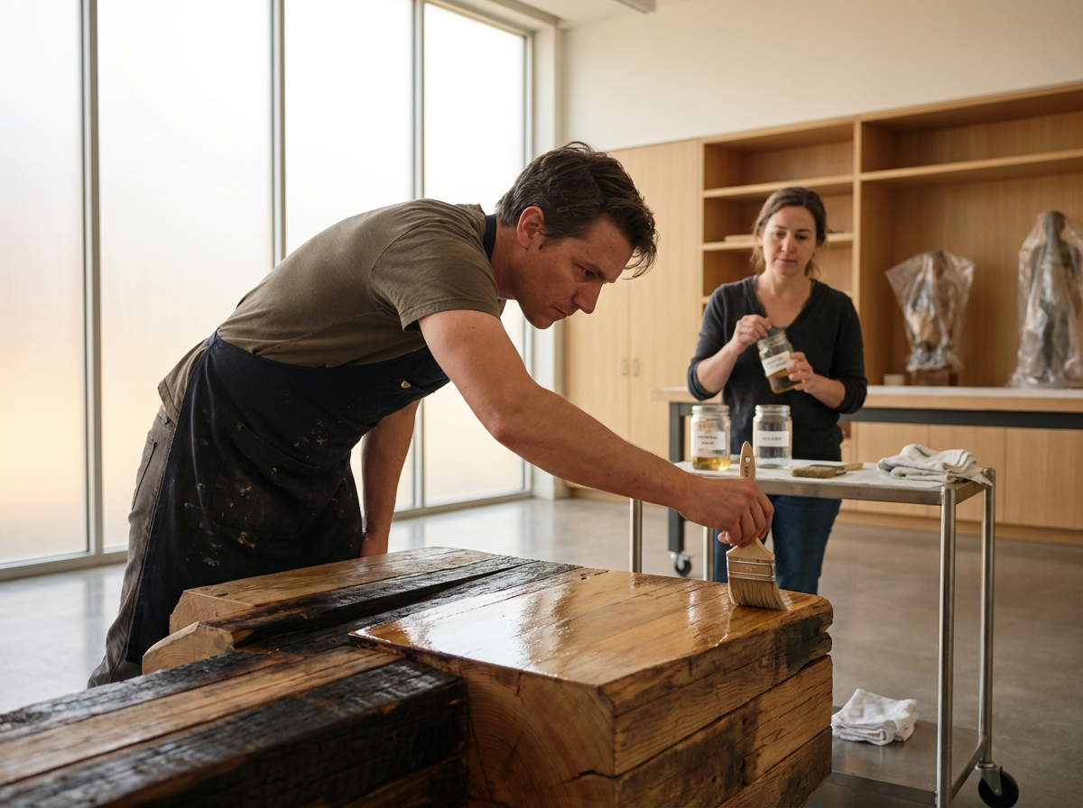 A man is applying a protective coating to a wooden table with a brush, while a woman in the background holds a jar, in a well-lit room with wooden shelves.