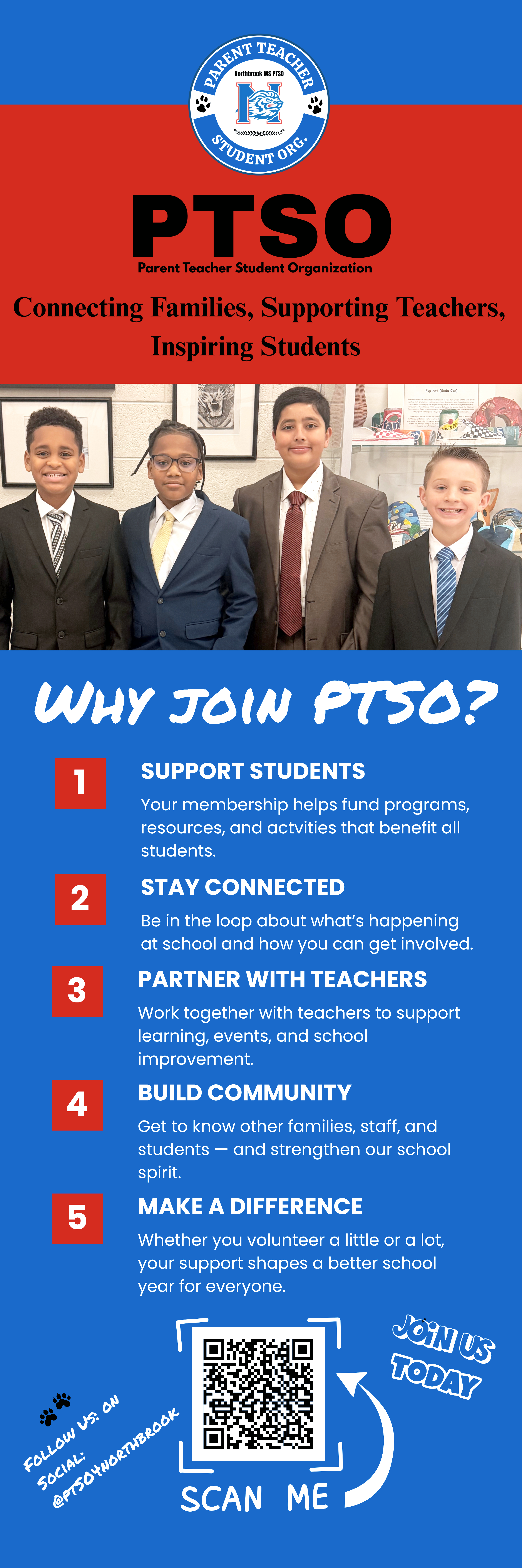 Flyer for Parent Teacher Student Organization (PTSO) featuring four students in suits and a list of benefits for joining, including support for students, staying connected, partnering with teachers, building community, and making a difference, with a QR code at the bottom.