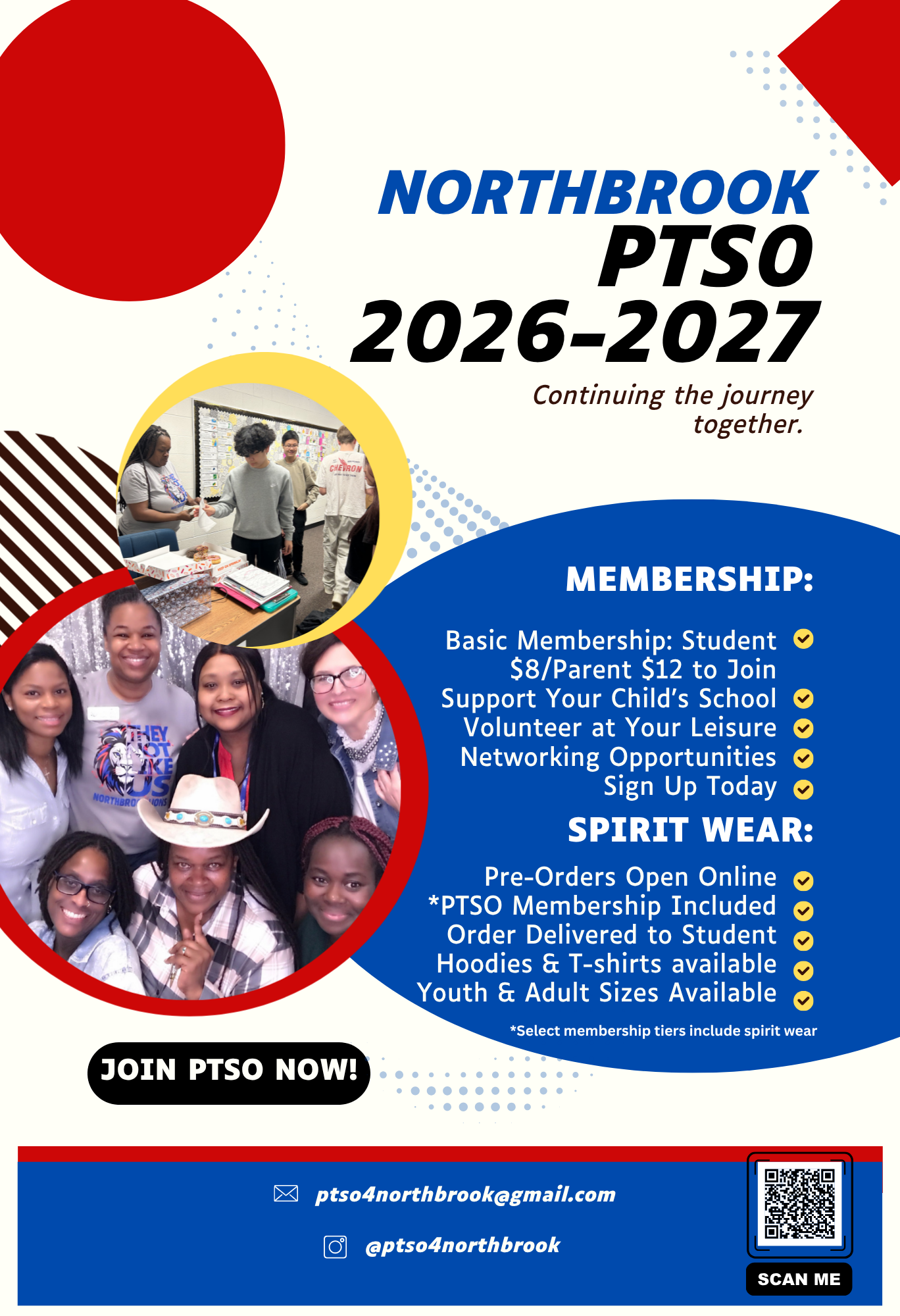 A colorful flyer promoting the Northbrook PTSO for 2026-2027. Features images of diverse students, membership details, spirit wear options, and contact information including email, Instagram handle, and a QR code.