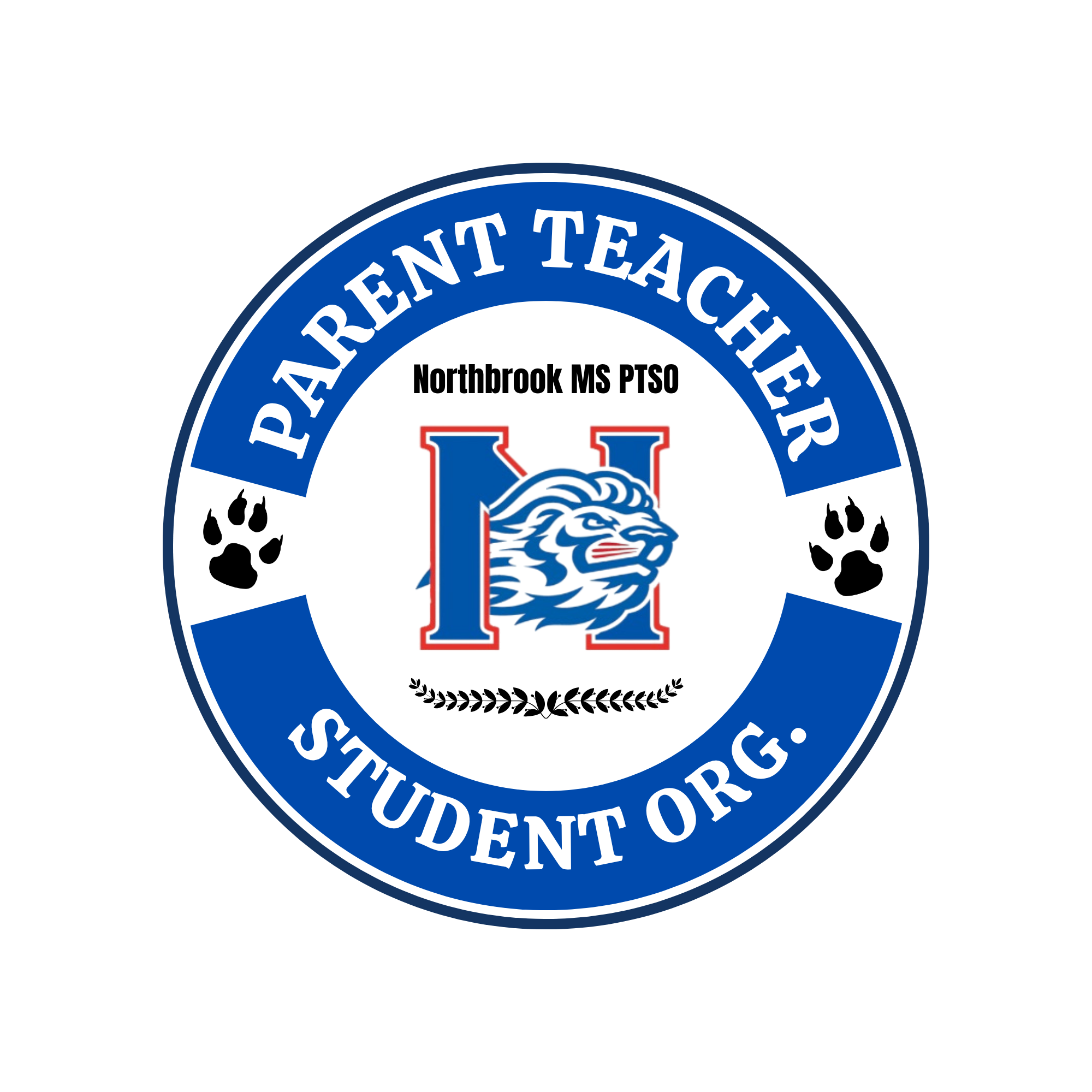 Seal or badge for the Parent Teacher Organization of Northbrook Middle School, featuring a lion logo, black paw prints, and text in a circular design.