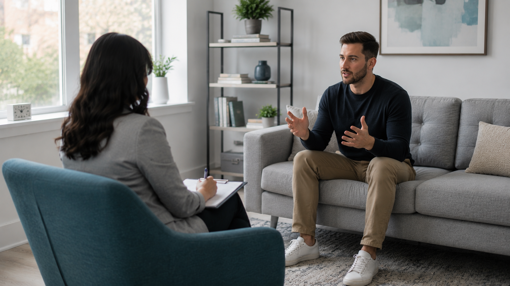 Man speaking with a therapist during a counseling session in a living room
