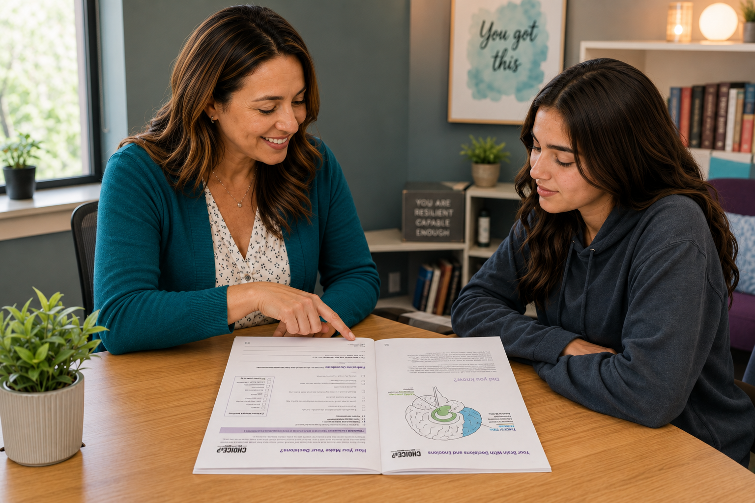Teacher helping a student review a worksheet at a table