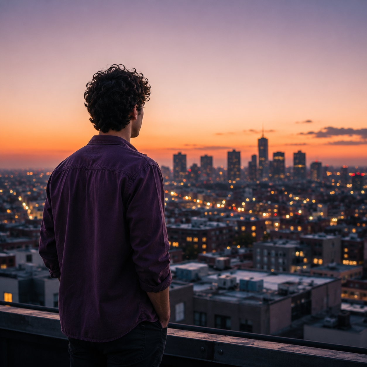 Person standing on a rooftop overlooking a city skyline at sunset