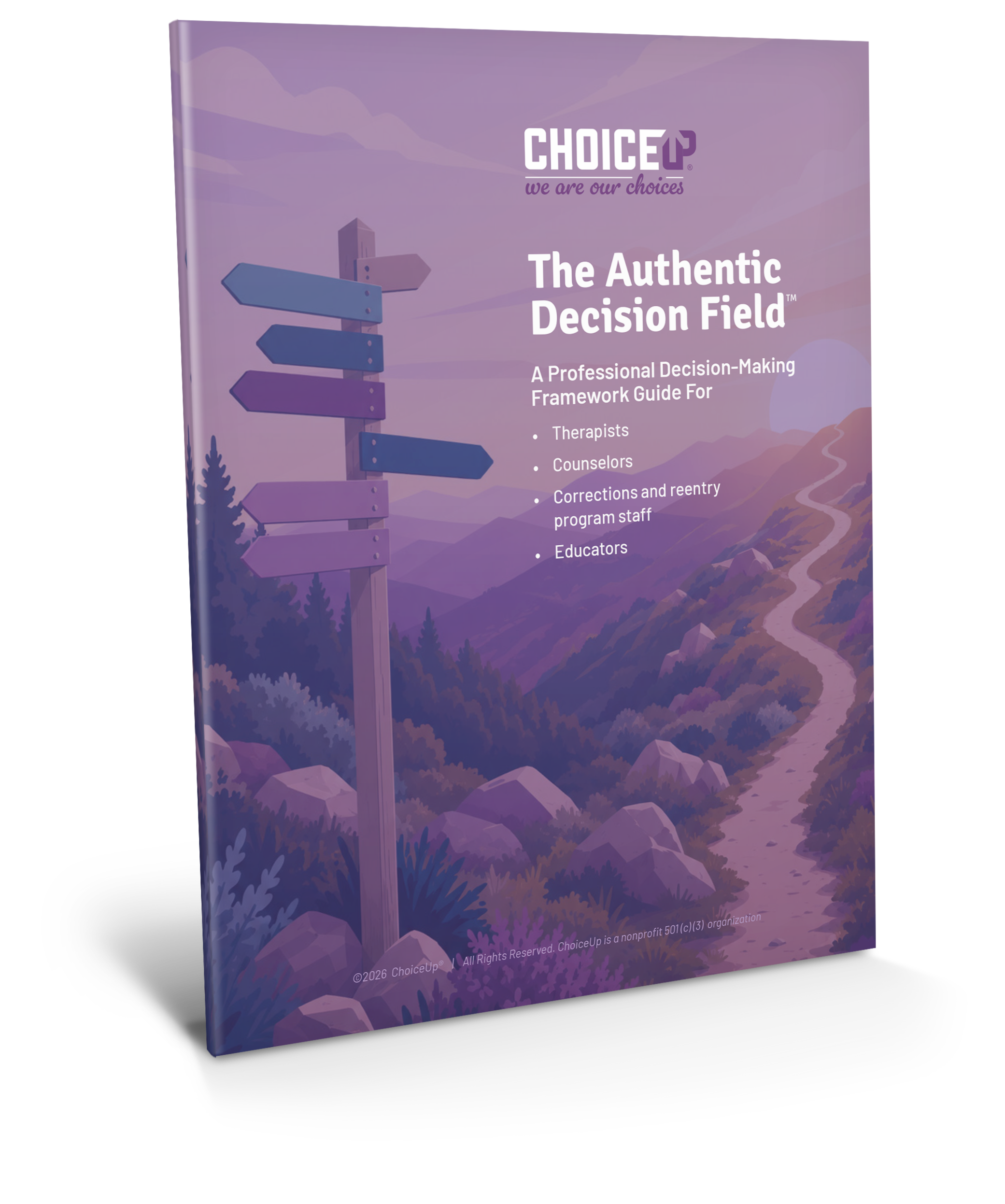 ChoiceUp book cover titled “The Authentic Decision Field,” featuring a colorful mountain trail and directional signpost illustration.