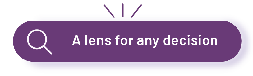 Purple rounded search bar graphic with magnifying glass icon and text, "A lens for any decision"