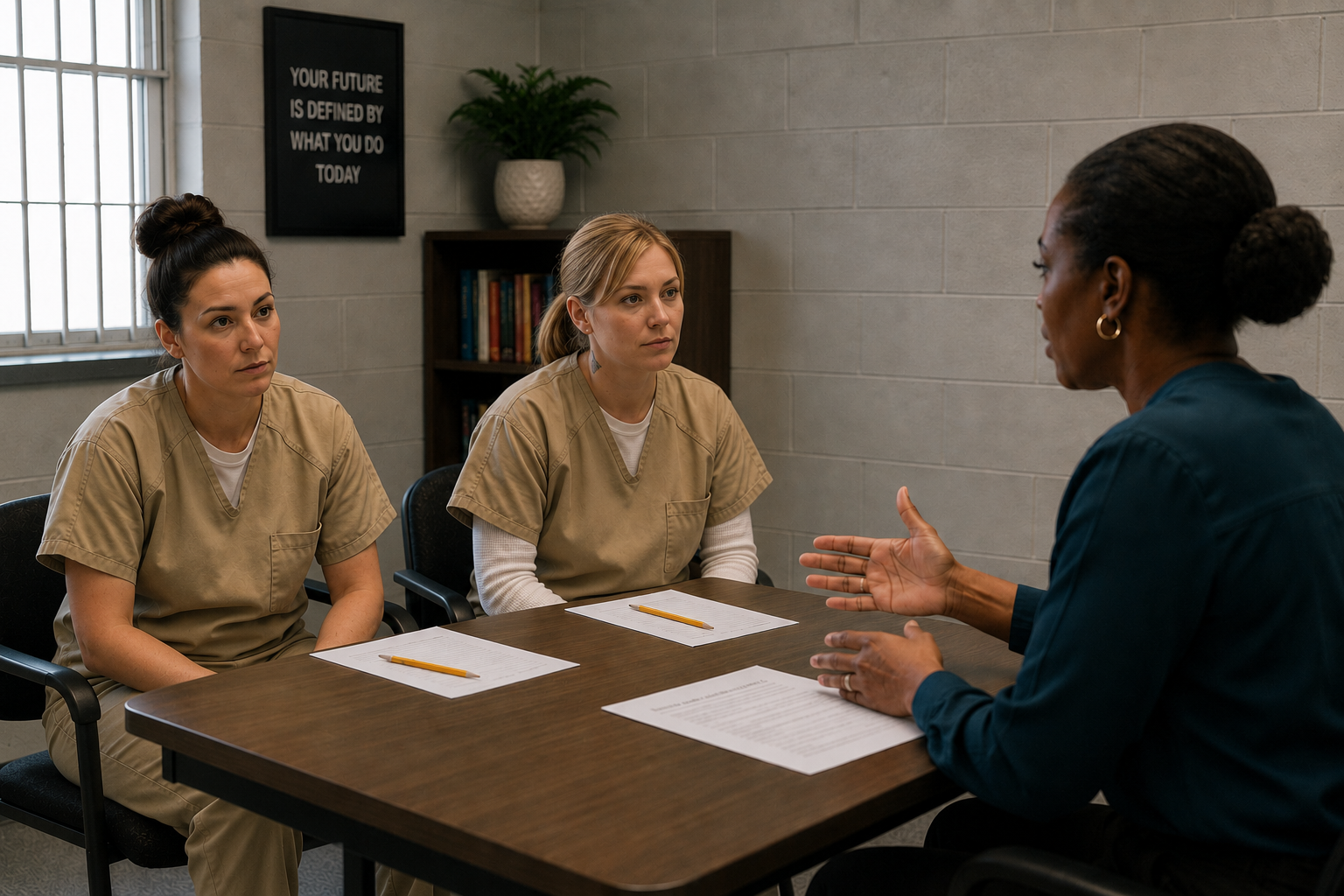 Two women in beige uniforms meet with a counselor at a table in an institutional room.