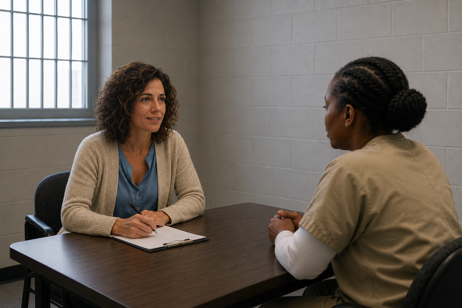 Two women meet across a table in an institutional room, with one taking notes on a clipboard.