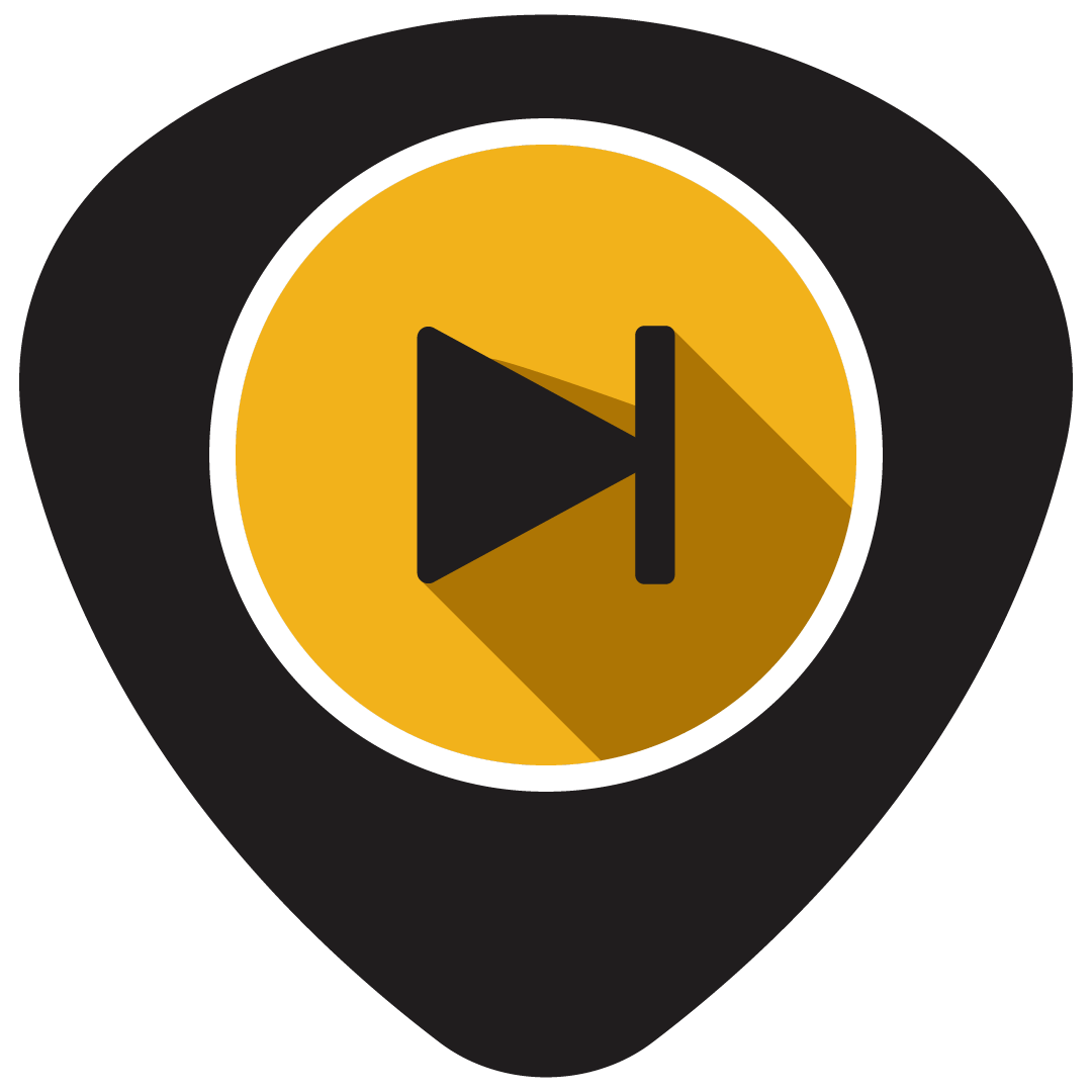 Map marker icon with a yellow circle containing a black fast-forward button, indicating skip or fast-forward function.