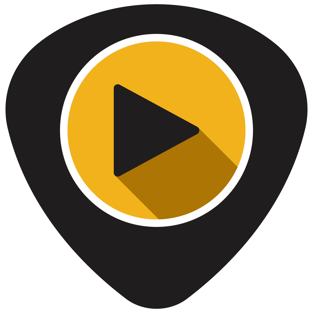 A circular yellow button with a black play icon, surrounded by a white border, on a black map marker icon background.