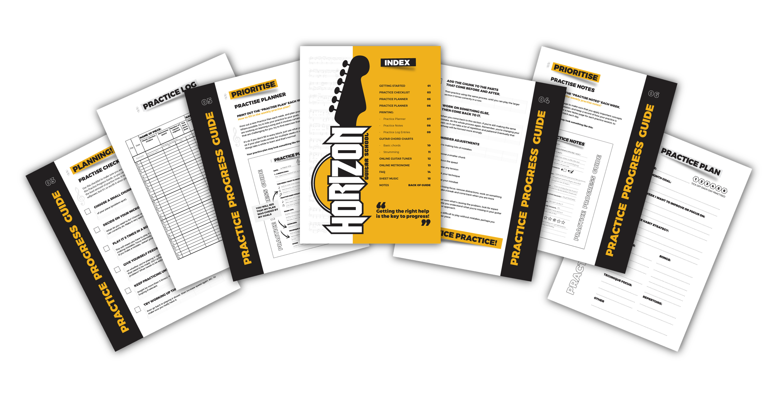 A collection of Horizon Guitar School music practice guides and planning sheets with black, white, and yellow color themes, including an index, practice planner, practice notes, and a guitar chord chart.