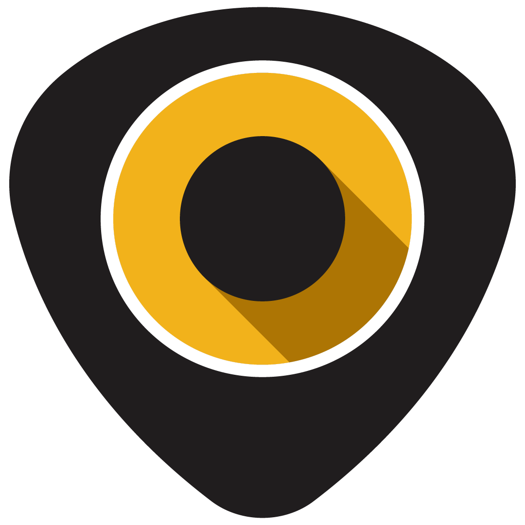 A stylized map marker icon with a black outer teardrop shape, a white border, and a yellow ring with a black center and long shadow.