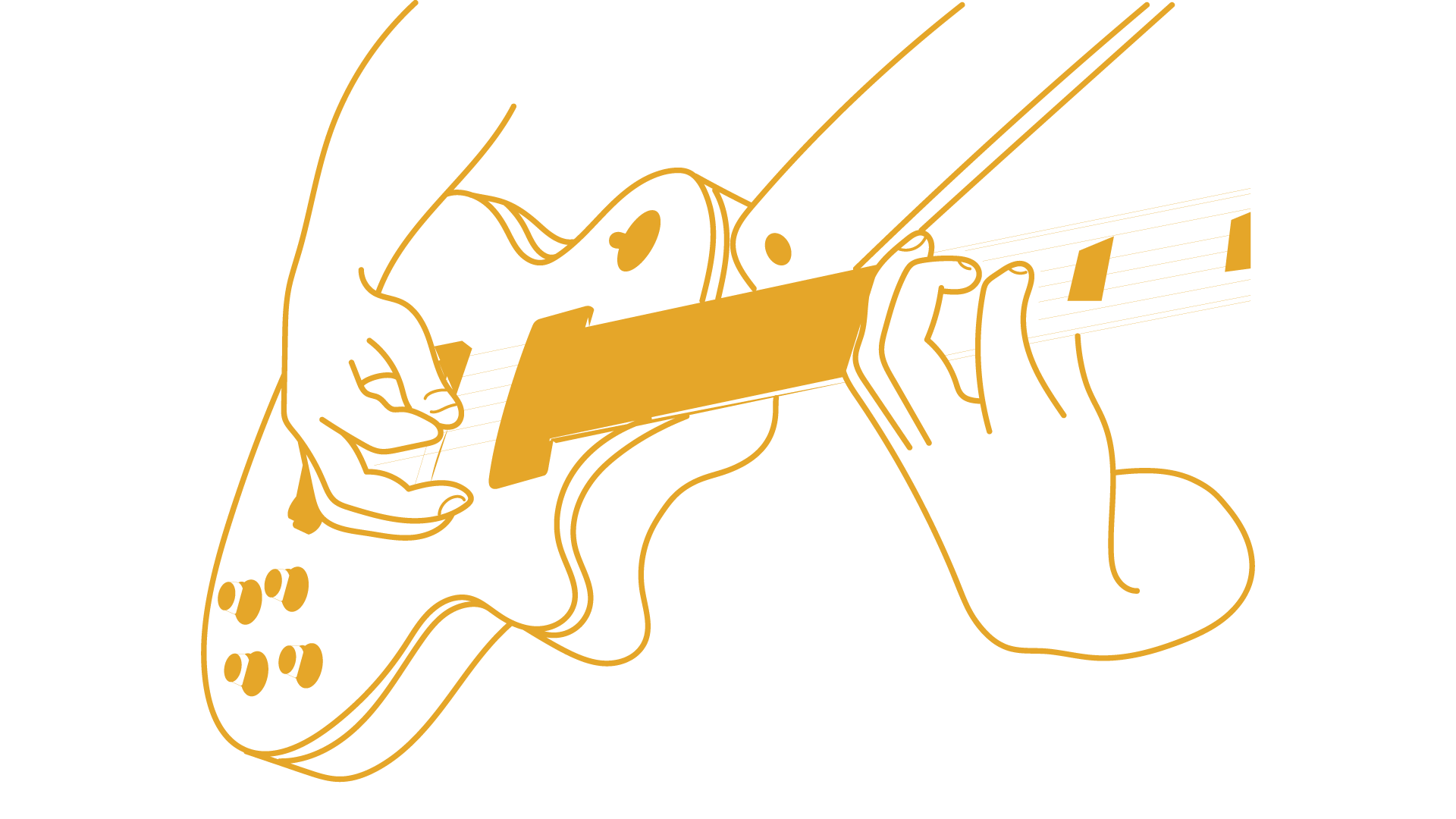 Line art illustration of someone playing an electric guitar, focusing on hands strumming and pressing strings.