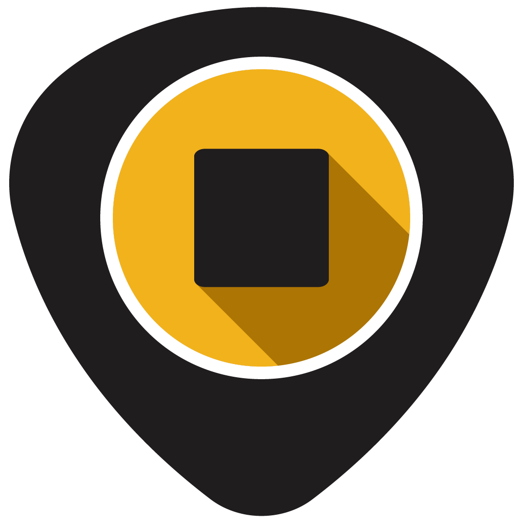 A graphic icon representing a switch or button with a black rectangle on a yellow circular background, encased in a location pin shape.
