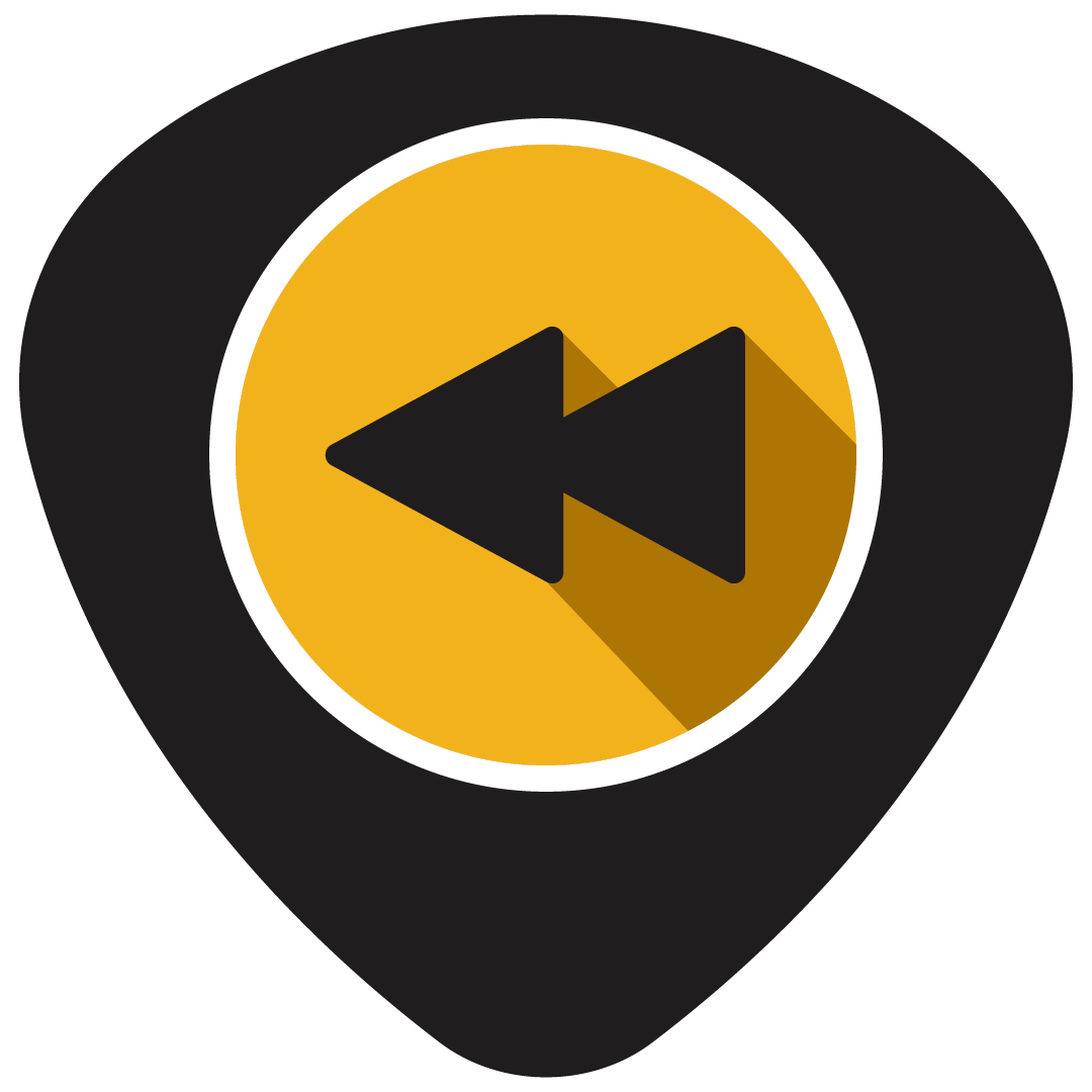 Map marker icon with a yellow circle and black rewind button in the center.