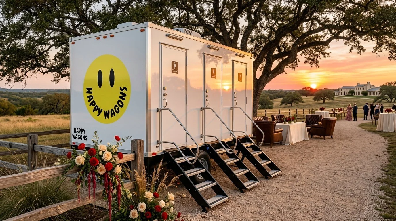 Restroom trailer rental in Austin Texas for wedding.