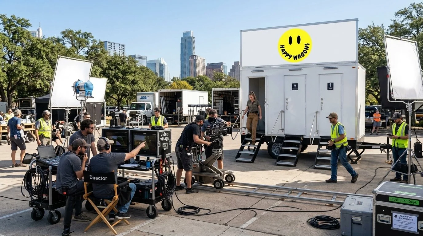 Film production crew filming in a city outdoor setting with a mobile restroom trailer in Austin Texas.