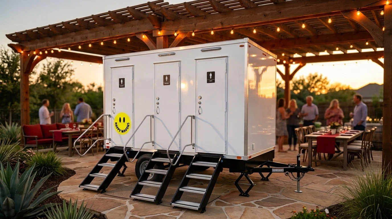 A mobile restroom trailer rental for special events, weddings, film, and long-term rental in Central and Austin TX.
